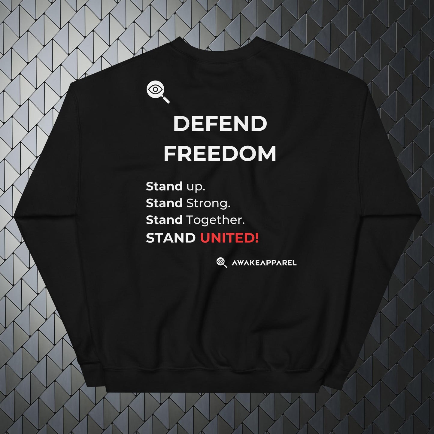 Back of Black Mindful Comfort Sweatshirt - 'Stand Up. Stand Strong. Stand Together. Stand United.' with AwakeApparel Logo