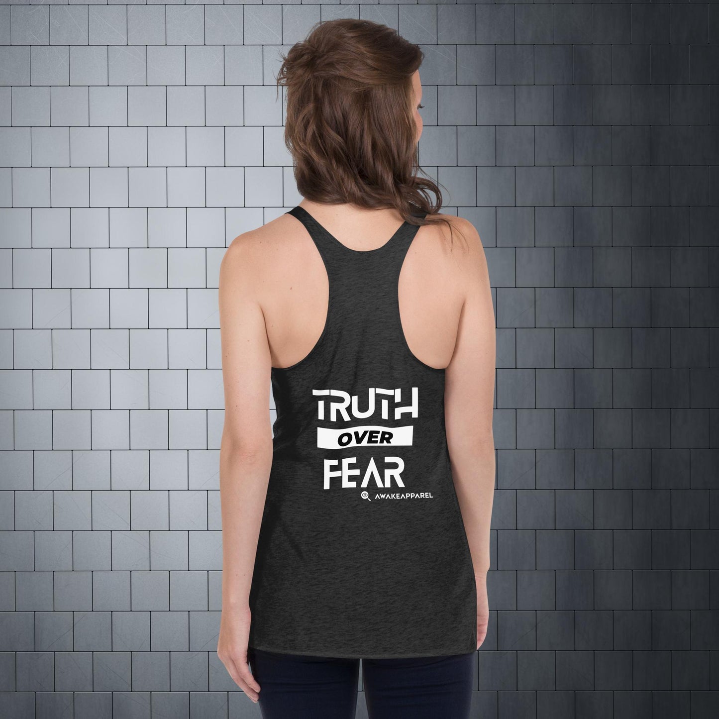 Back of Black Women's Racerback Tank - 'Truth over Fear' with AwakeApparel Logo