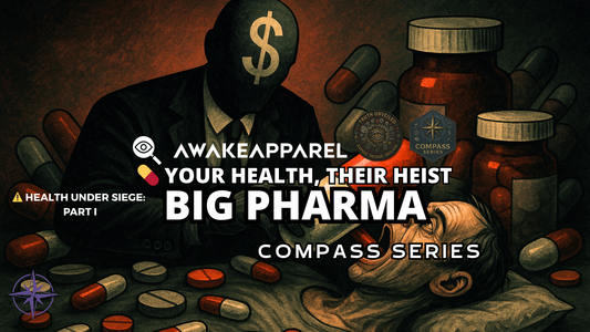 Vintage-style image of pharmaceutical pills, syringes, and a corporate figure in shadows – part of AwakeApparel’s Compass Series revealing the profit motive in medicine.