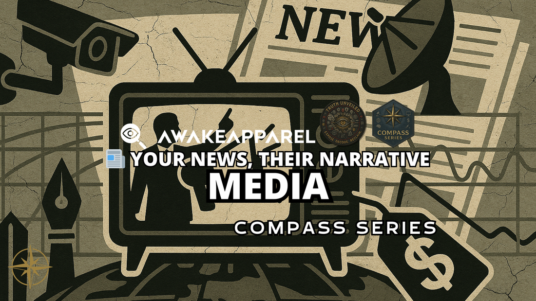 Chaotic collage of newspapers, cameras, and censorship bars – AwakeApparel’s Compass Series decoding how narratives are manufactured.