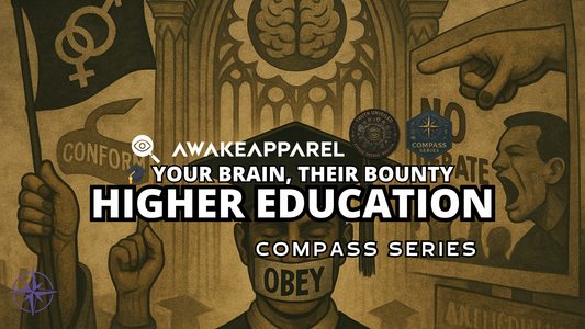 Stylized image of a brain being weighed against a graduation cap and books – AwakeApparel’s Compass Series unpacking the cost and conformity of higher learning.