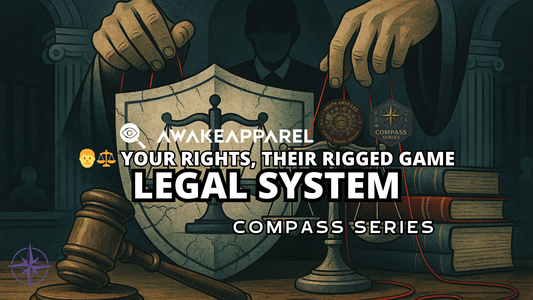 Illustration of a courtroom gavel, law books, and a blindfolded figure – part of AwakeApparel’s Compass Series on justice engineered for control.