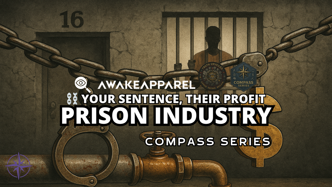 Dark-toned visual of prison bars, handcuffs, and profit charts – AwakeApparel’s Compass Series revealing incarceration as a business model.