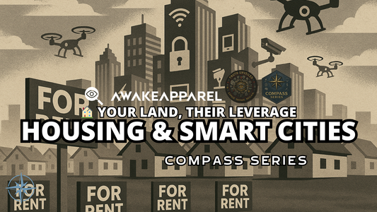Futuristic cityscape with surveillance towers and ‘For Rent’ signs – AwakeApparel’s Compass Series on housing as leverage in the digital control grid.