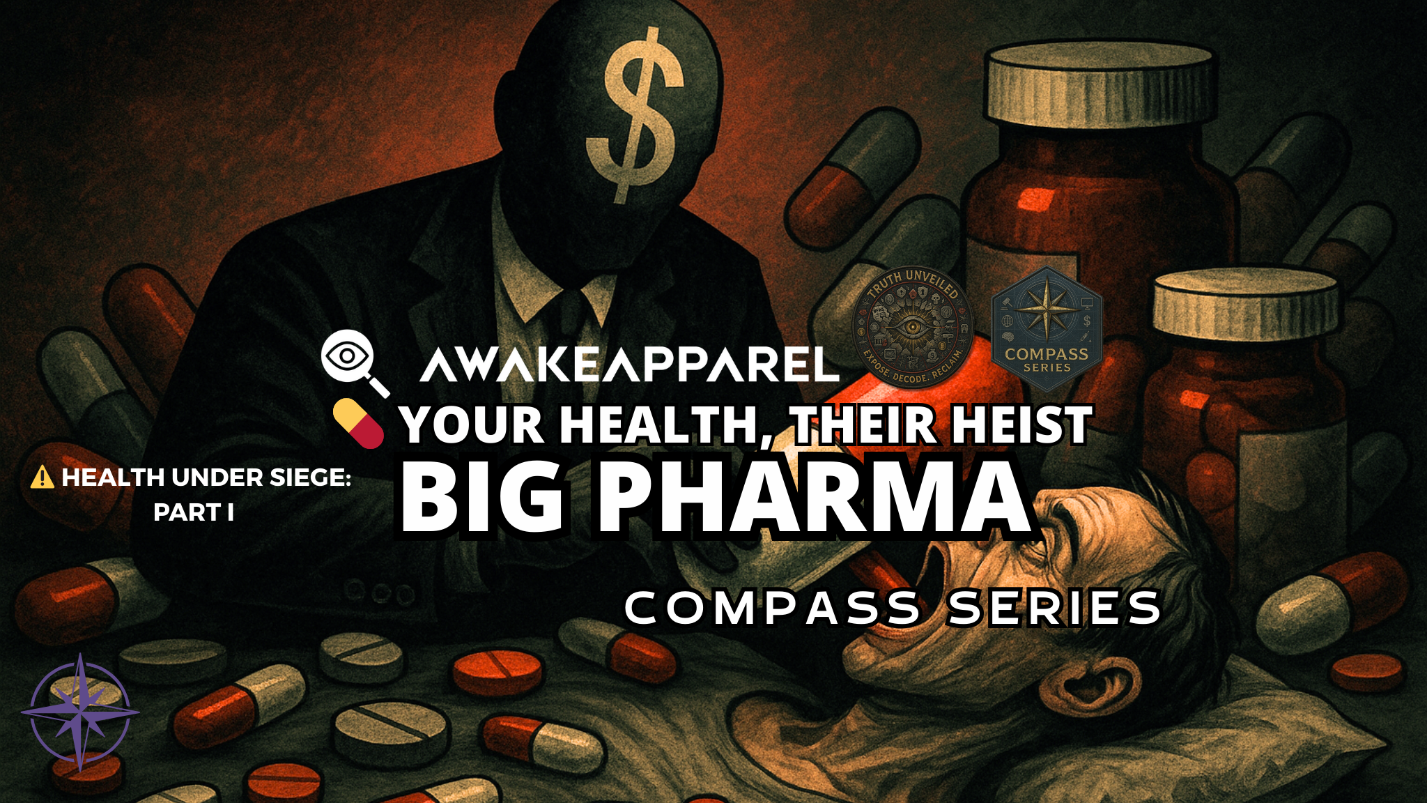 Vintage-style image of pharmaceutical pills, syringes, and a corporate figure in shadows – part of AwakeApparel’s Compass Series revealing the profit motive in medicine.