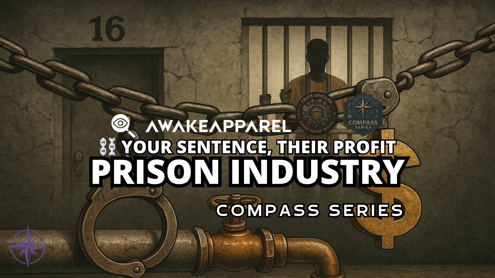 Dark-toned visual of prison bars, handcuffs, and profit charts – AwakeApparel’s Compass Series revealing incarceration as a business model.