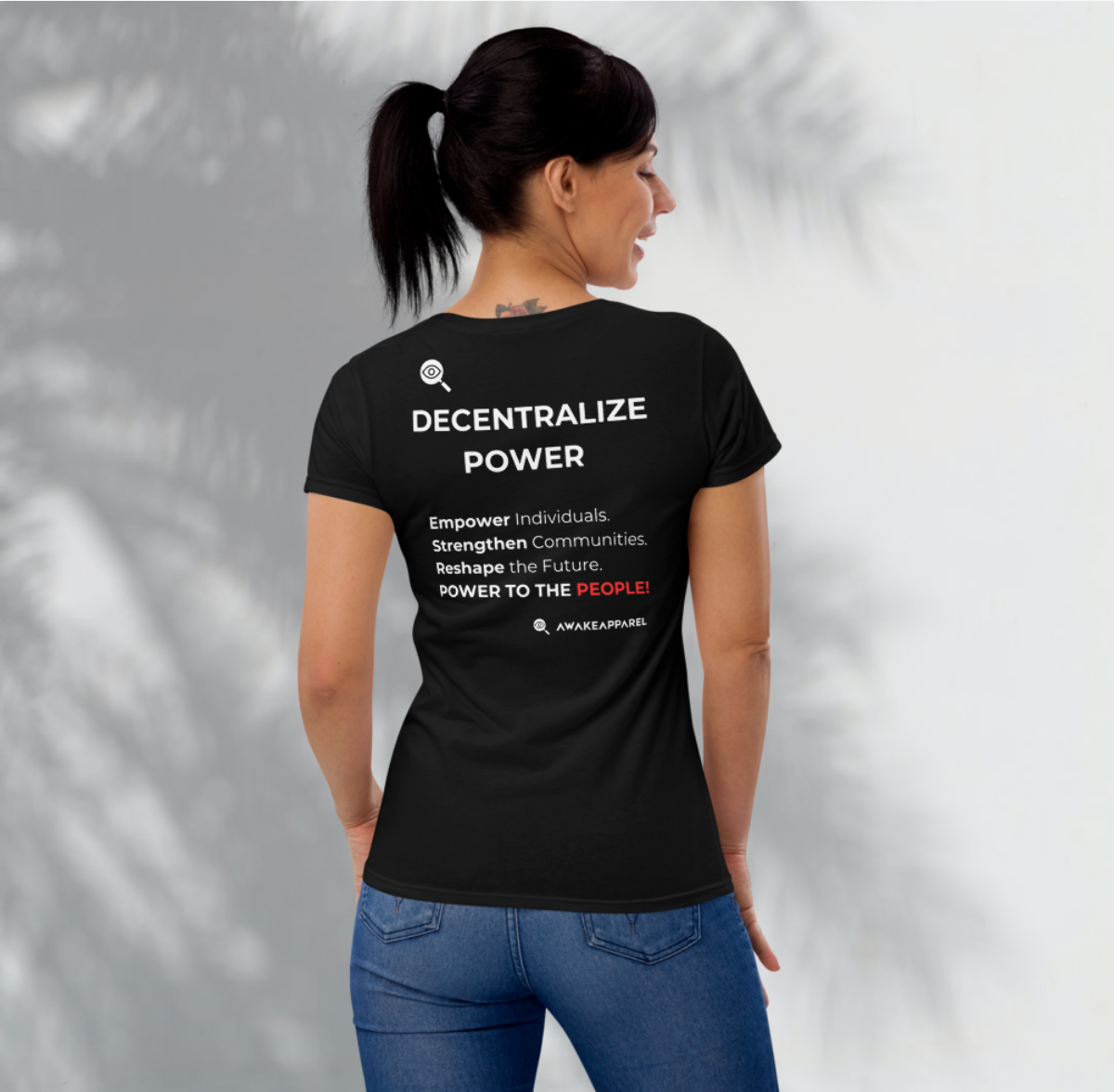 Back of Black Conscious Comfort T-Shirt - 'Empower yourself and others with our "Decentralize Power" t-shirt.' with AwakeApparel Logo