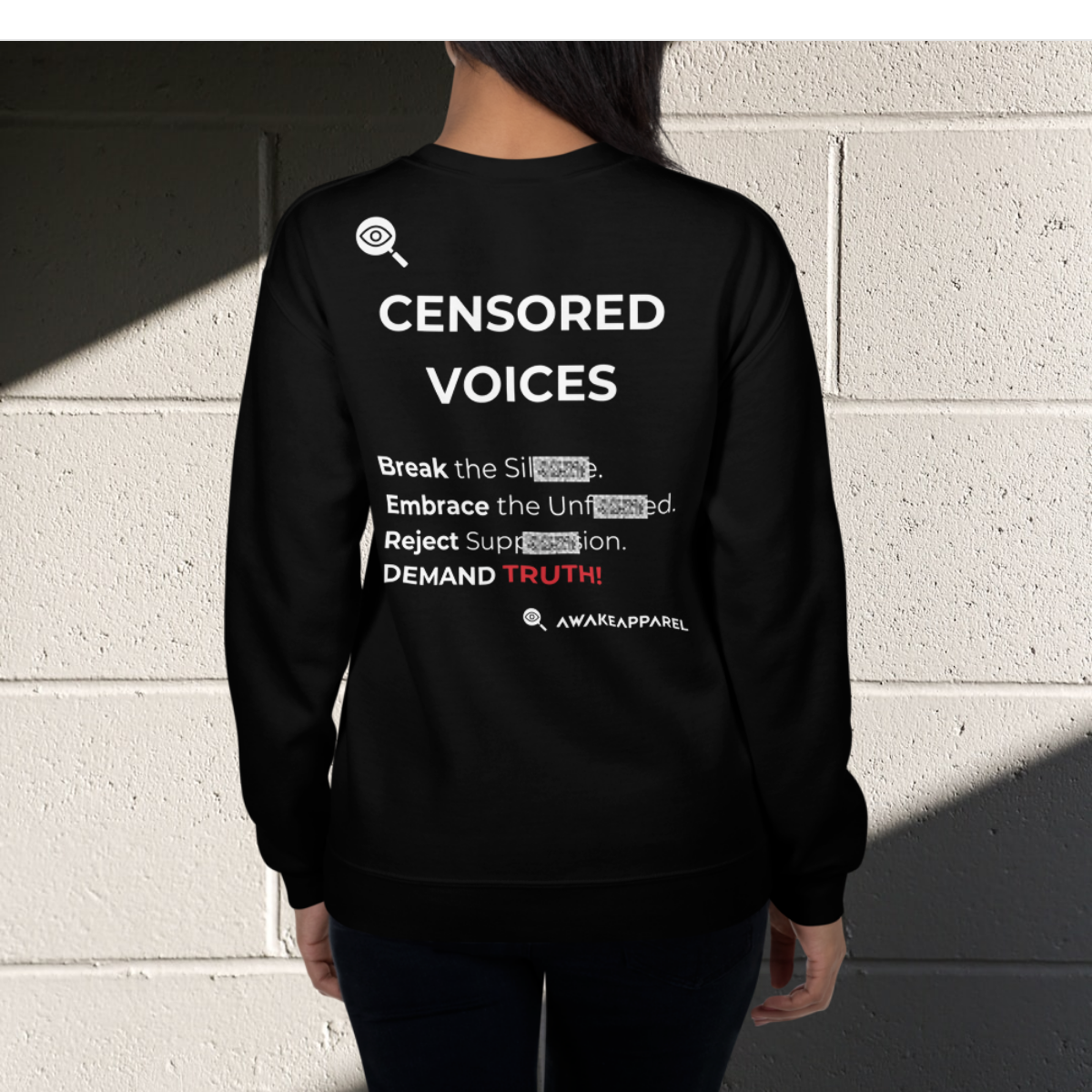 Back of Black Mindful Comfort Sweatshirt - 'Step into the realm of fearless expression with our "Censored Voices" t-shirt from the Action Collection.' with AwakeApparel Logo