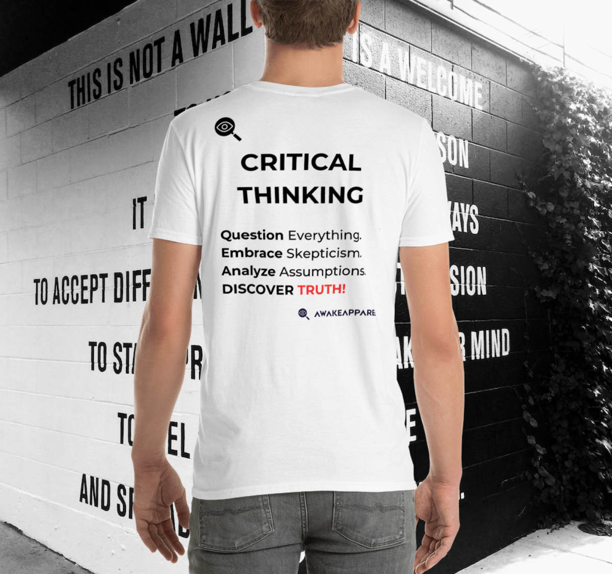 Back of White Cornerstone Essential T-shirts - 'Ignite the flames of intellectual curiosity with our "Critical Thinking" t-shirt.' with AwakeApparel Logo