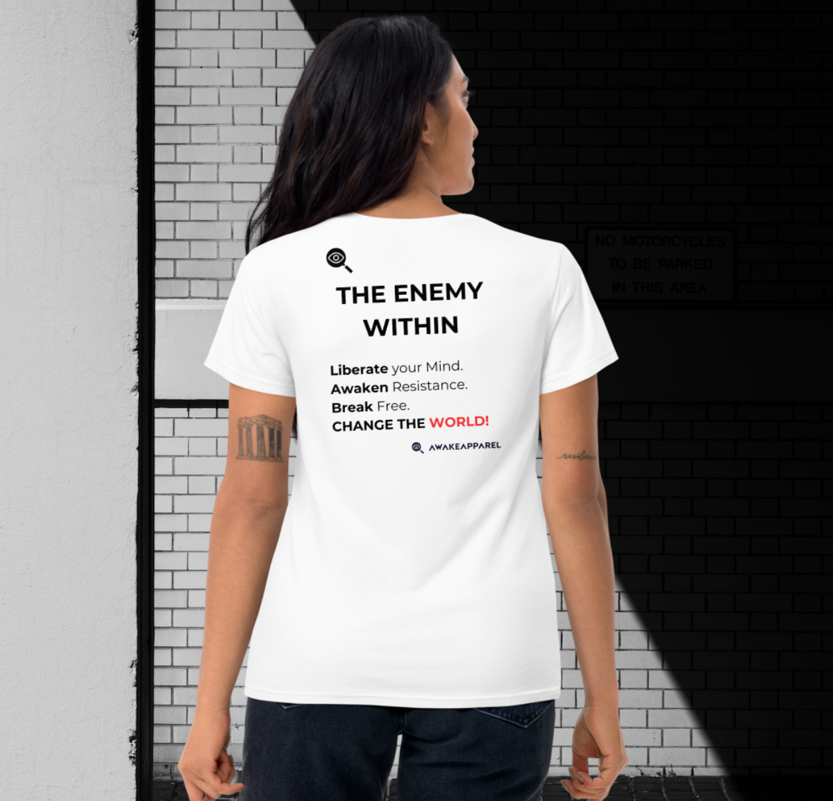 Back of White Conscious Comfort T-shirt - 'Awaken your inner resistance with our "The Enemy Within" t-shirt.' with AwakeApparel Logo