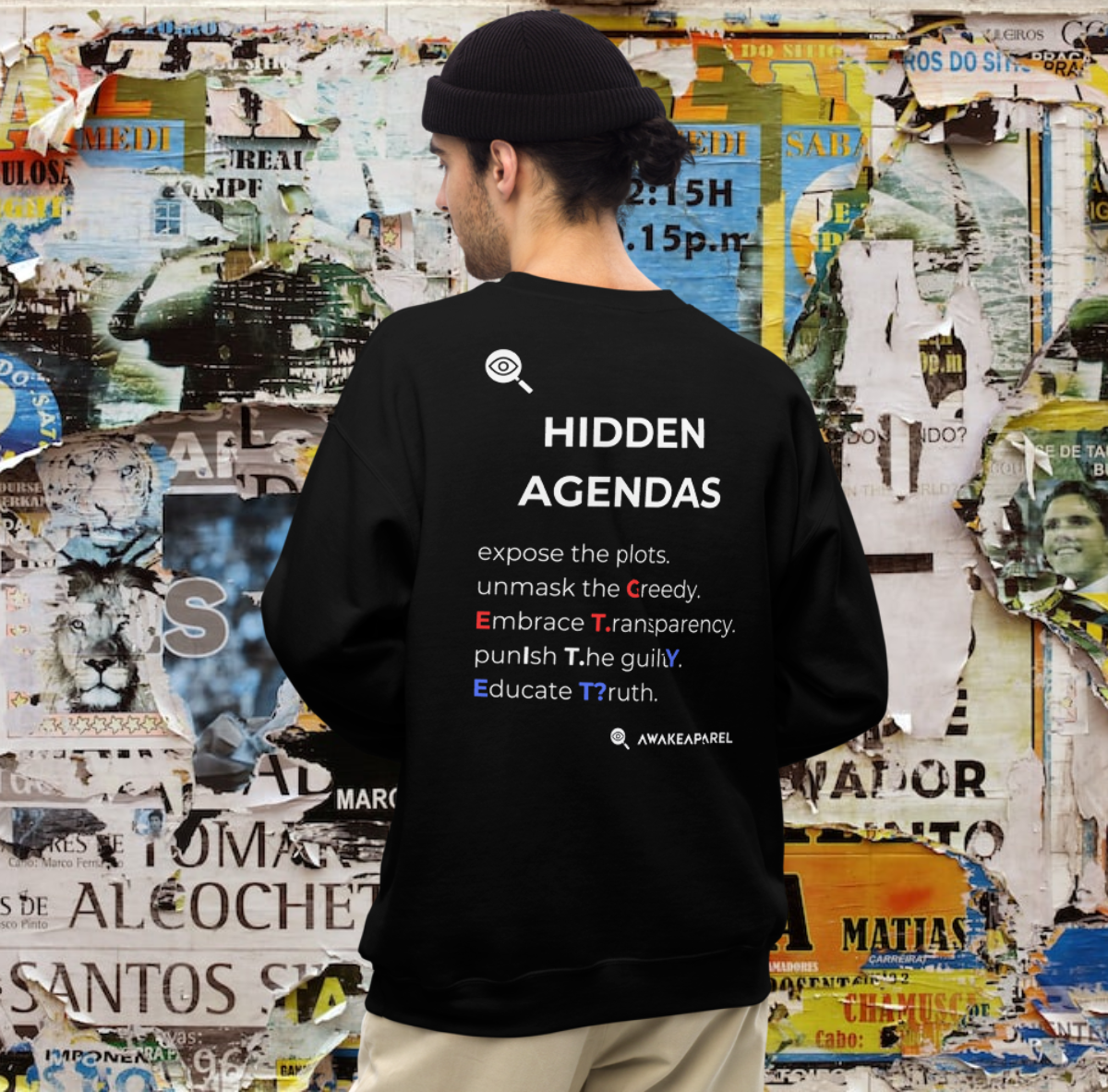 Back of Black Mindful Comfort Sweatshirt - 'Illuminate the concealed truths with our "Exposing Hidden Agendas" t-shirt.' with AwakeApparel Logo