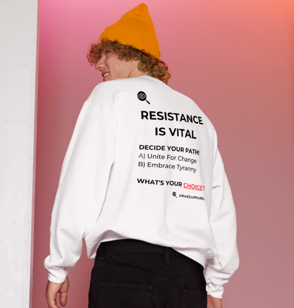 Back of White Mindful Comfort Sweater - 'A) Unite For Change B) Embrace Tyranny WHAT’S YOUR CHOICE?' with AwakeApparel Logo