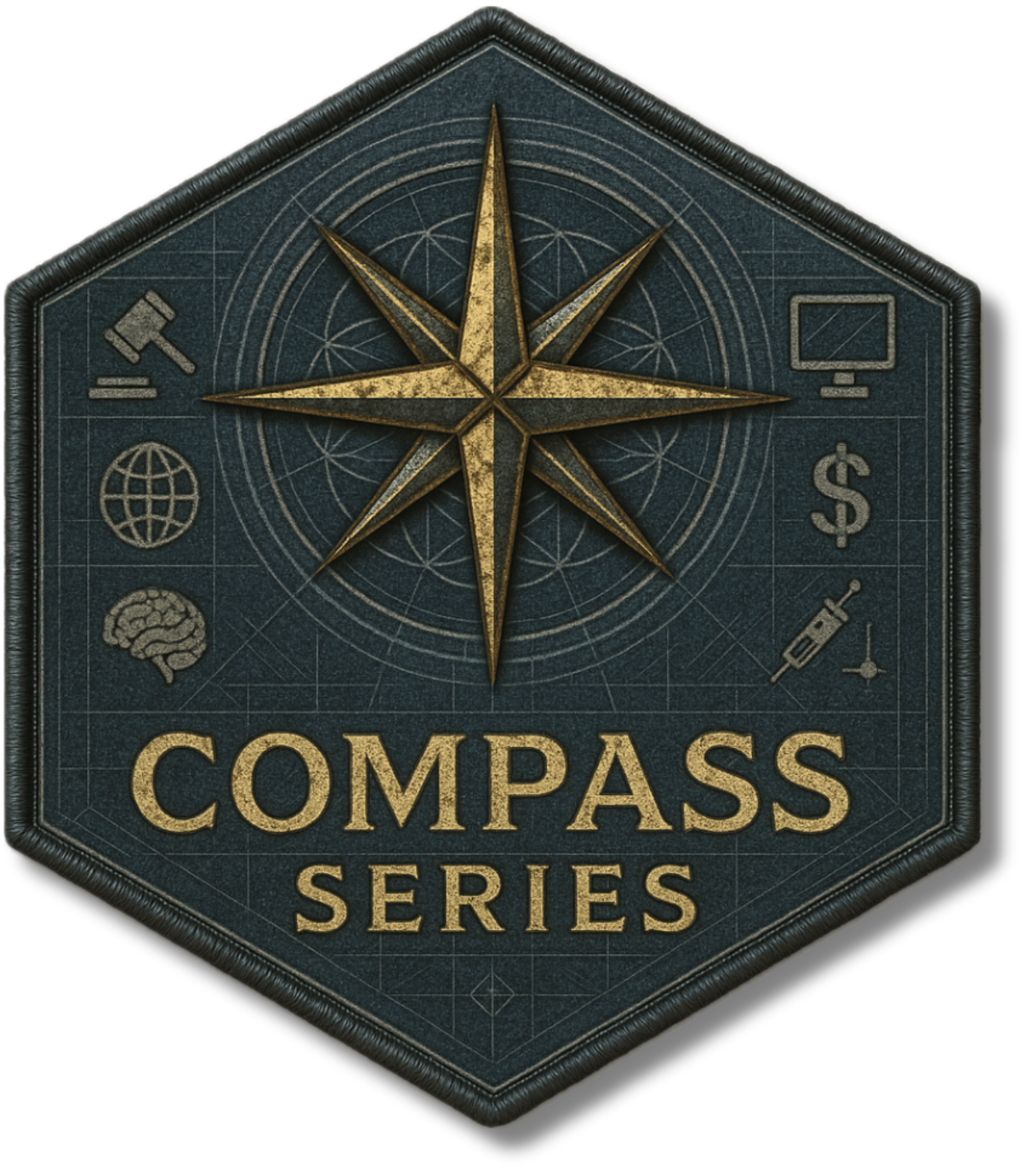 Hexagonal patch with compass design and 'Compass Series' text on a dark background