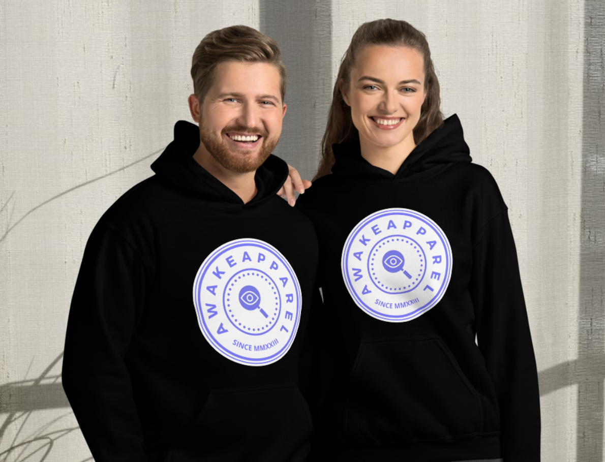 A young couple wearing Black Courageous Comfort Hoodies with the signature Purple on Solid White Crest.