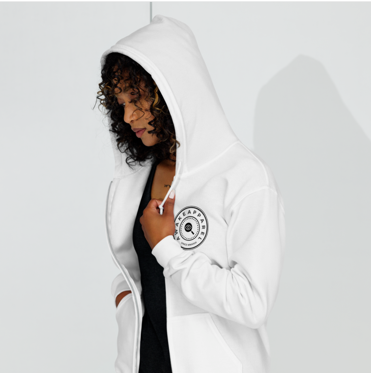 Front of White Empowered Impact Zip Hoodie with Black Crest - Unisex