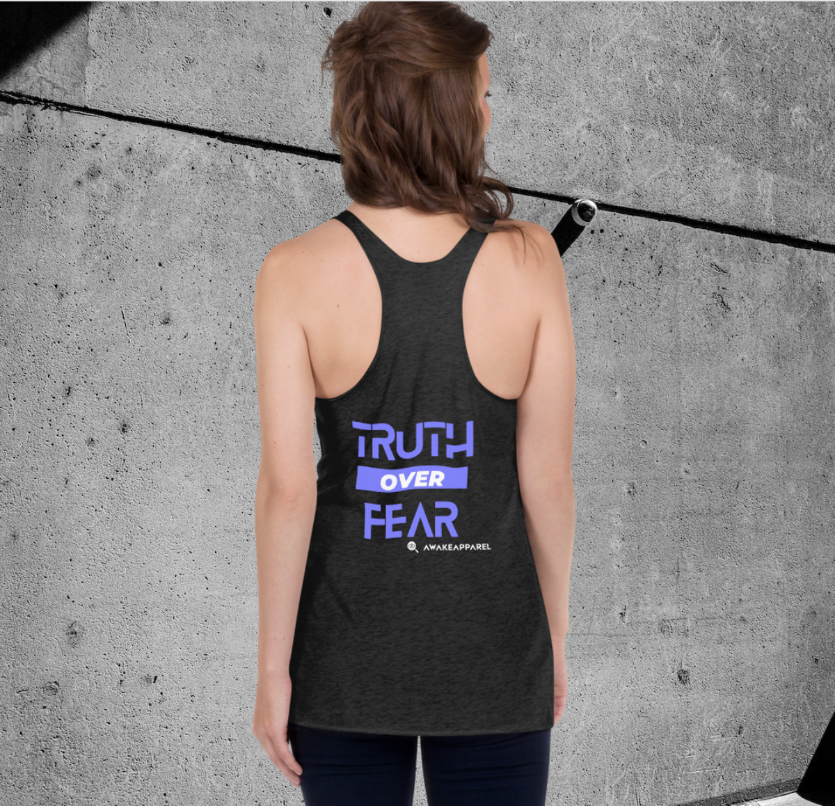 Back of Black Women's Racerback Tank - 'Truth over Fear' with AwakeApparel Logo