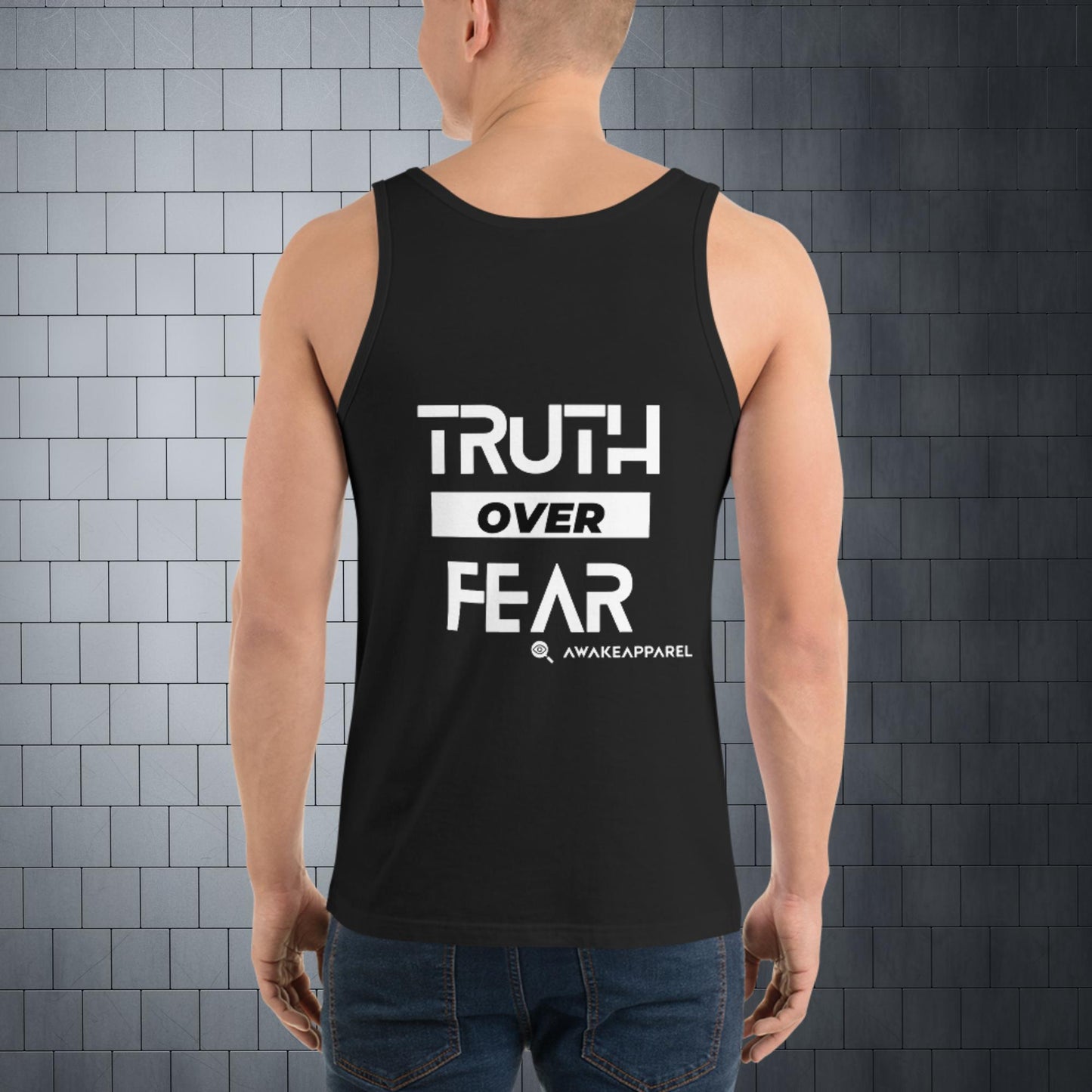 Back of Black Bold Endurance Men's Tank - 'Truth over Fear' with AwakeApparel Logo