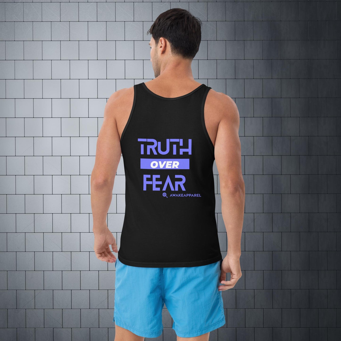 Back of Black Bold Endurance Men's Tank - 'Truth over Fear' with AwakeApparel Logo