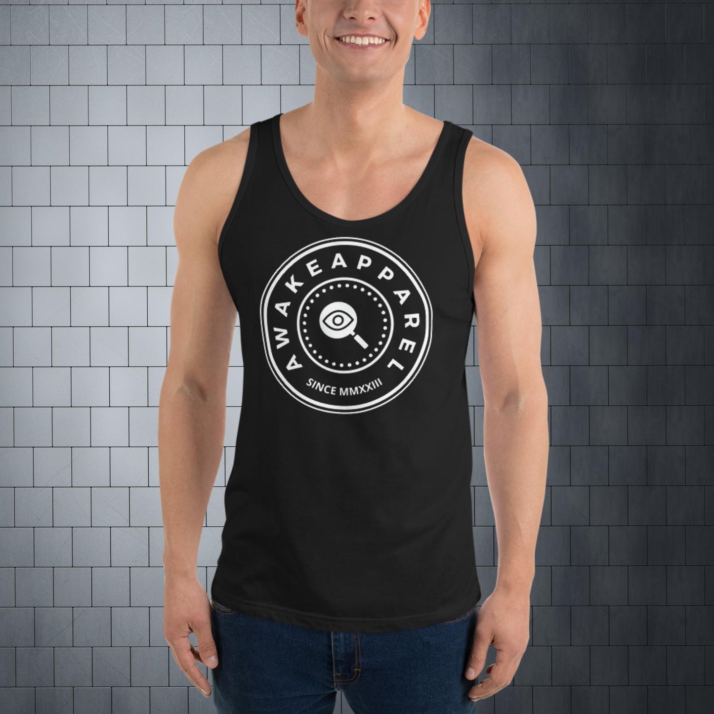 Front of Black Bold Endurance Men's Tank with White Crest – Unisex