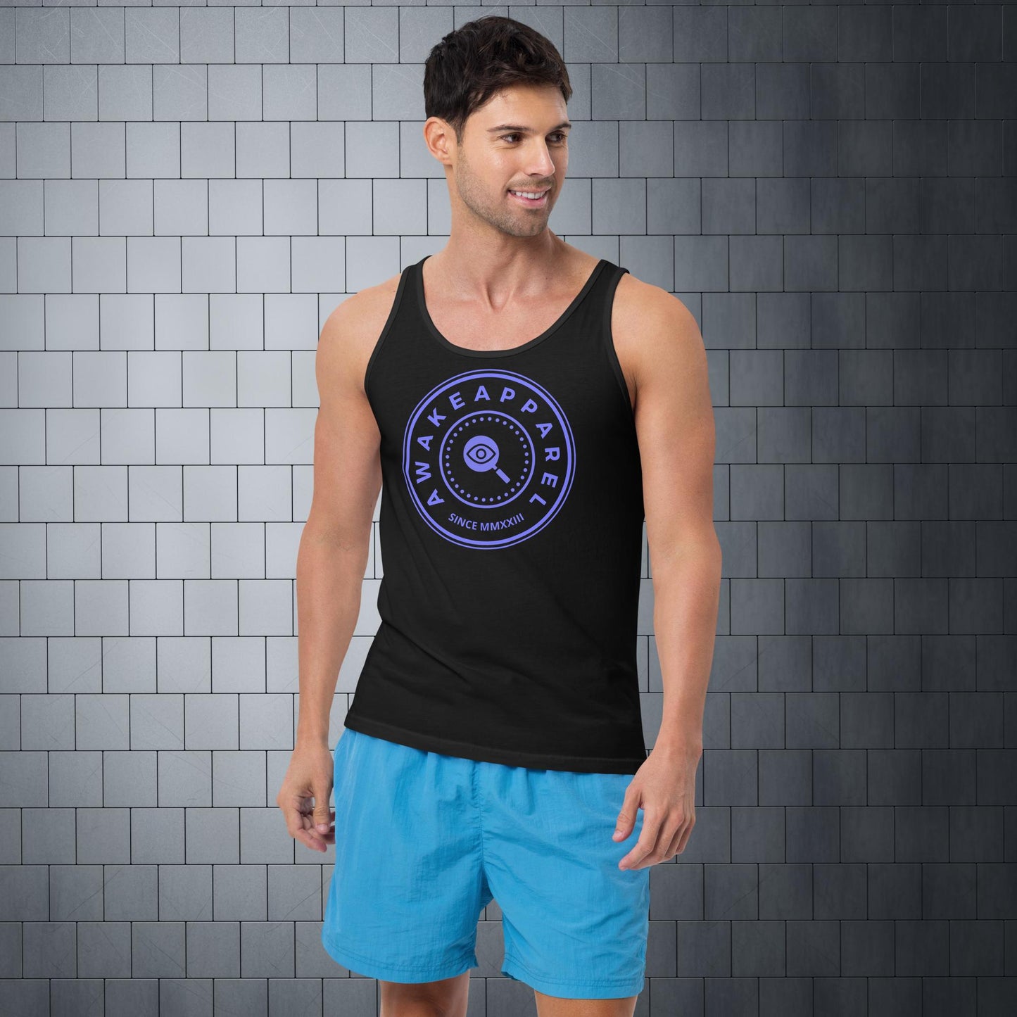 Front of Black Bold Endurance Men's Tank with Purple Crest – Unisex