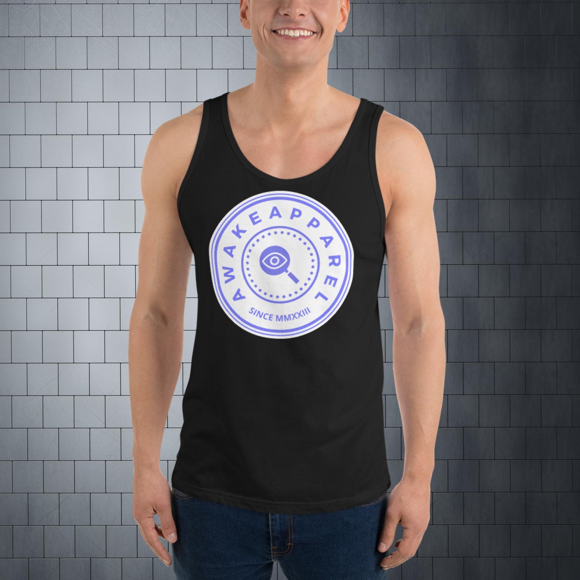 Front of Black Bold Endurance Men's Tank with Purple Crest on Solid White