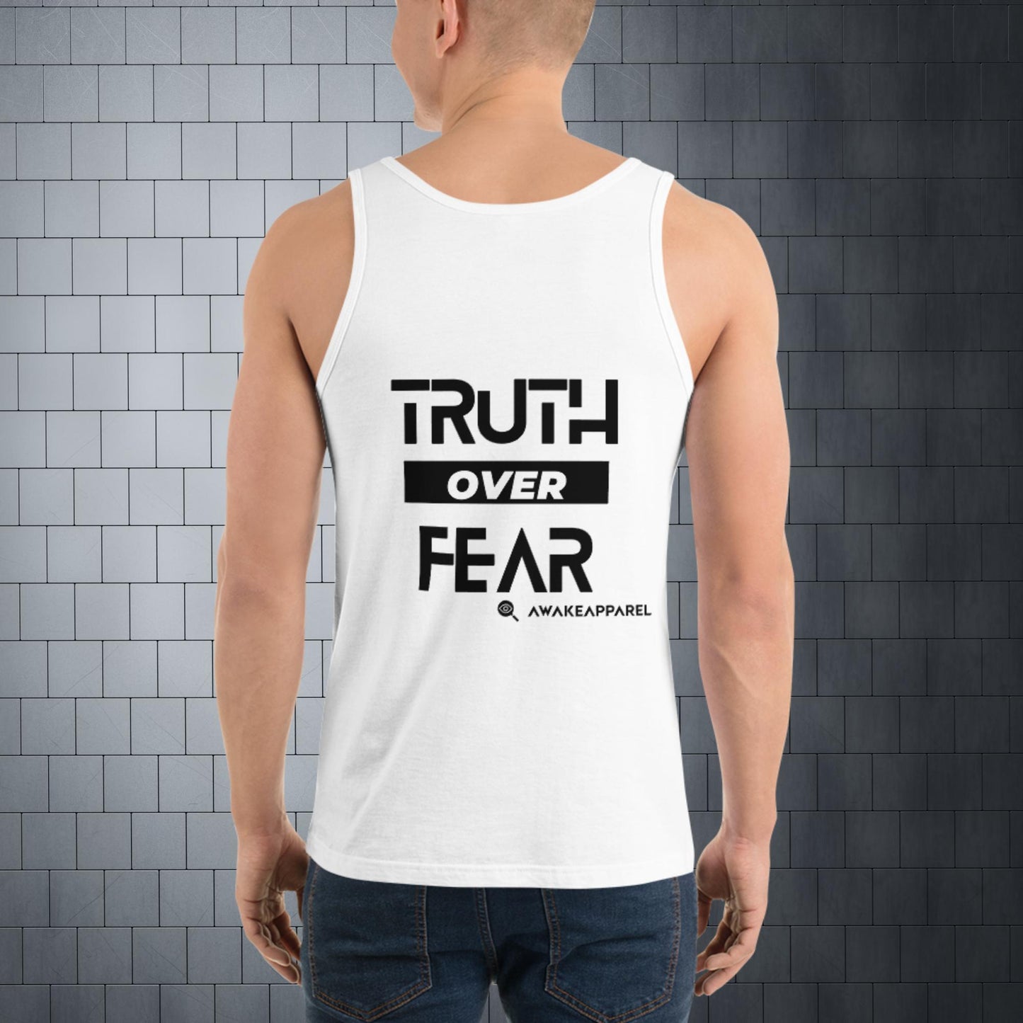 Back of White Bold Endurance Men's Tank - 'Truth over Fear' with AwakeApparel Logo