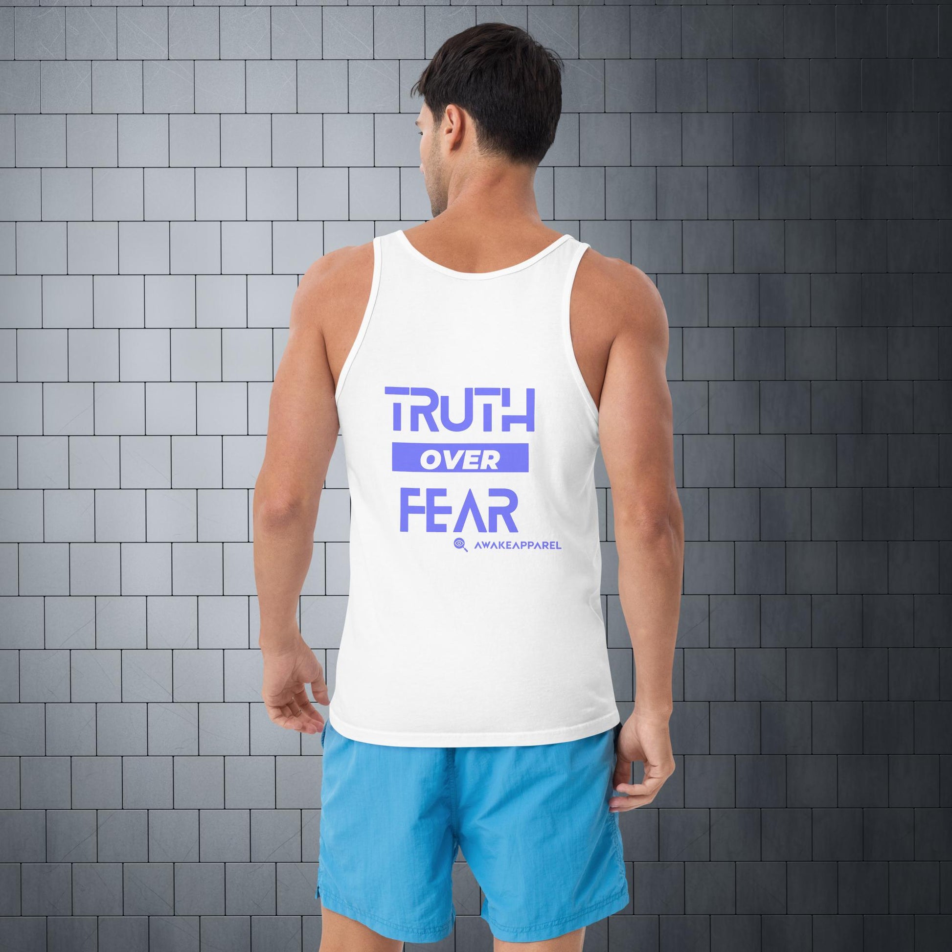 Back of White Bold Endurance Men's Tank - 'Truth over Fear' with AwakeApparel Logo