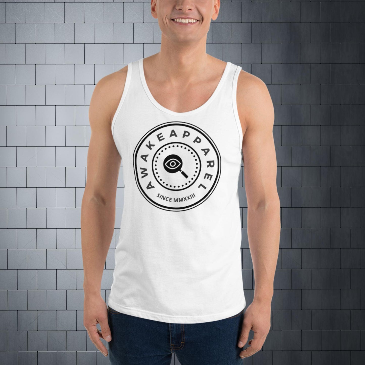 Front of White Bold Endurance Men's Tank with Black Crest - Unisex