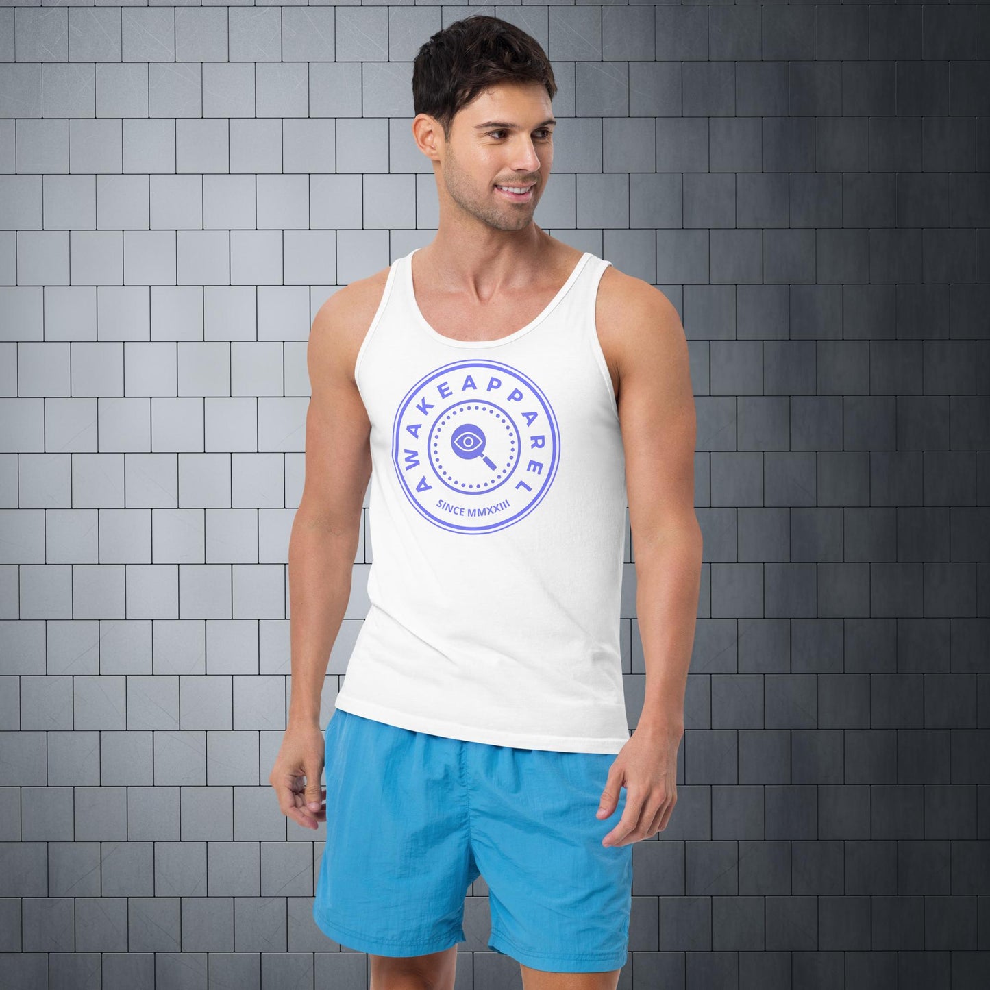 Front of White Bold Endurance Men's Tank with Purple Crest