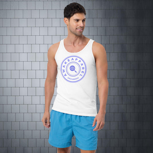 Front of White Bold Endurance Men's Tank with Purple Crest