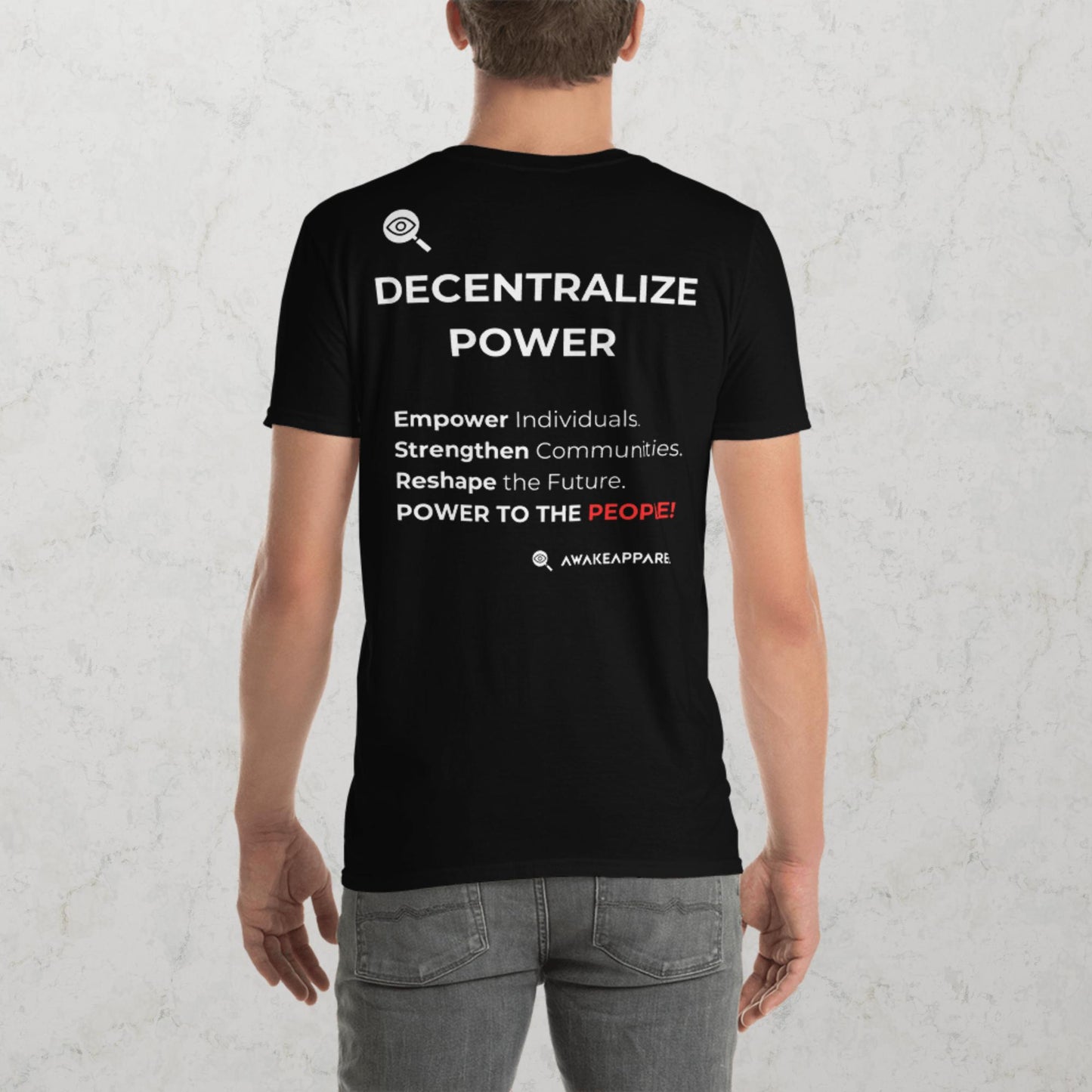 Back of Black Cornerstone Essential T-shirt - 'Empower Individuals. Strengthen Communities. Reshape the Future. POWER TO THE PEOPLE!' with AwakeApparel Logo