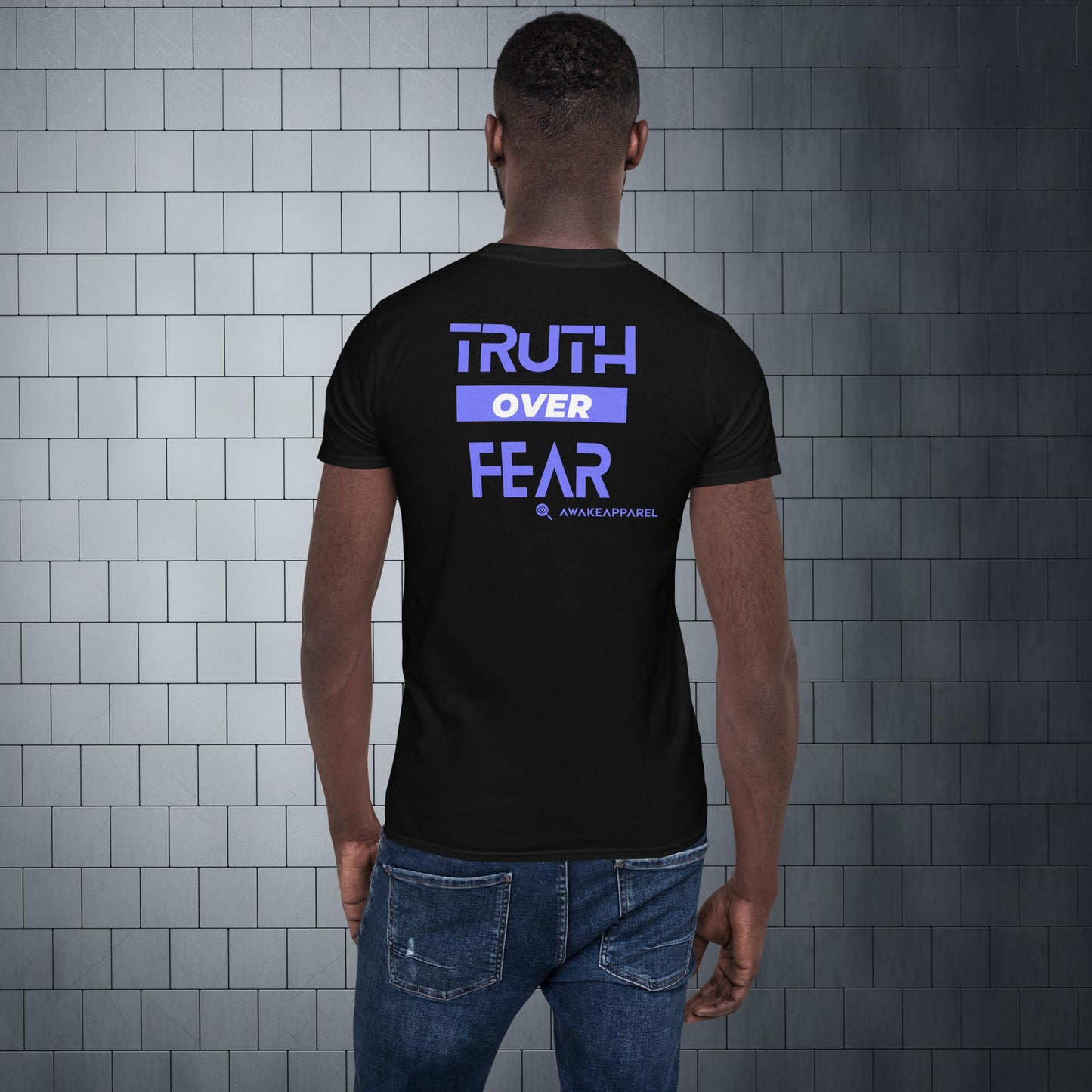 Back of Black Cornerstone Men's Essential Tee - 'Truth over Fear' with AwakeApparel Logo