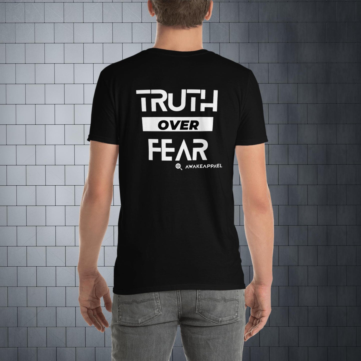 Back of Black Cornerstone Men's Essential Tee - 'Truth over Fear' with AwakeApparel Logo