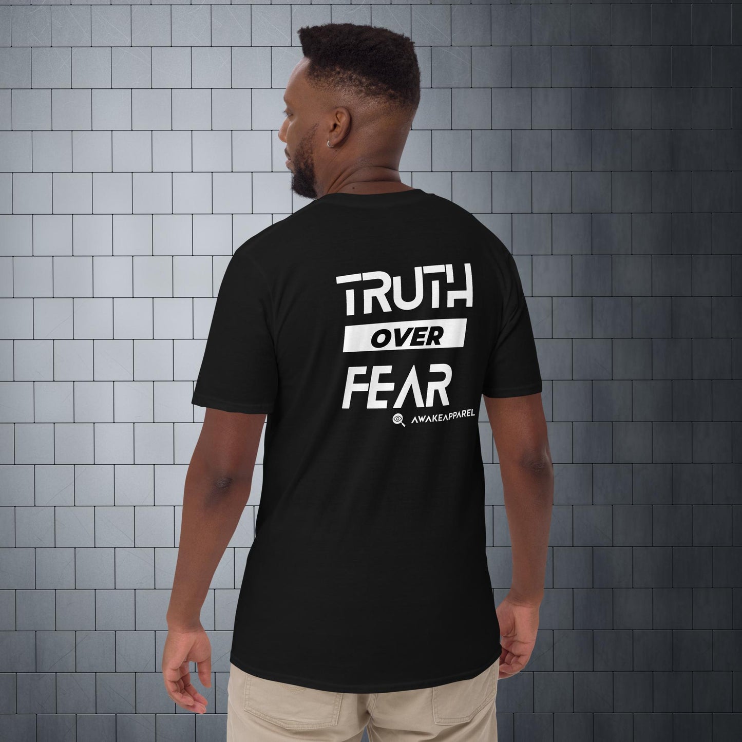 Back of Black Cornerstone Men's Essential Tee - 'Truth over Fear' with AwakeApparel Logo