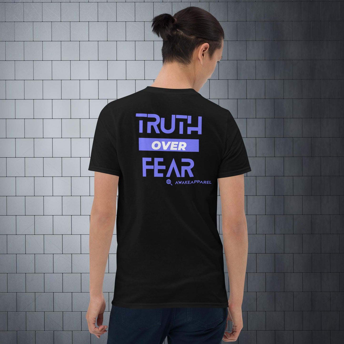 Back of Black Cornerstone Men's Essential Tee - 'Truth over Fear' with AwakeApparel Logo