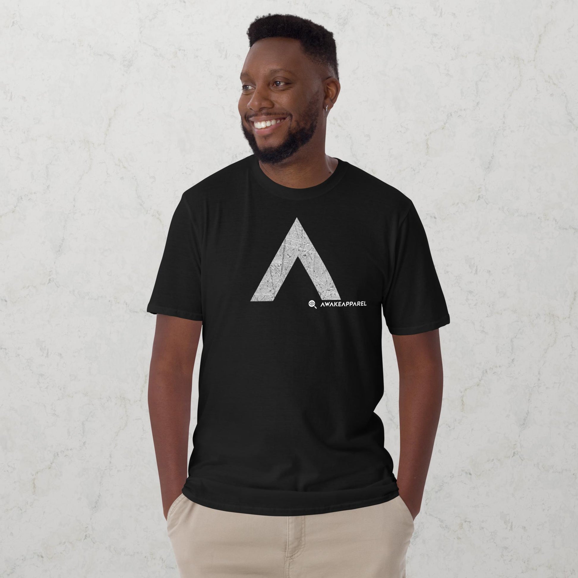 •	Front of Black Cornerstone Essential T-shirt with Monogrammed "A" - Unisex