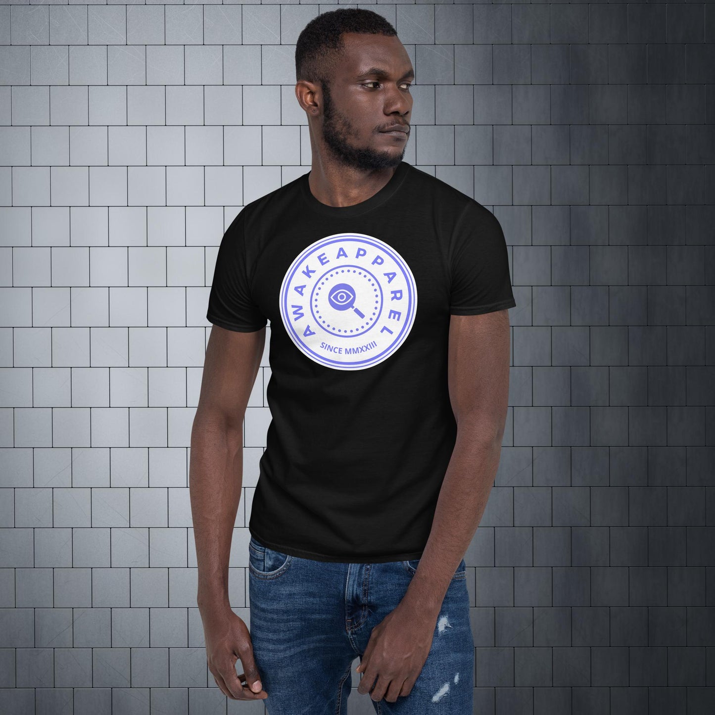 Front of Black Cornerstone Men's Essential Tee with Purple Crest on Solid White 