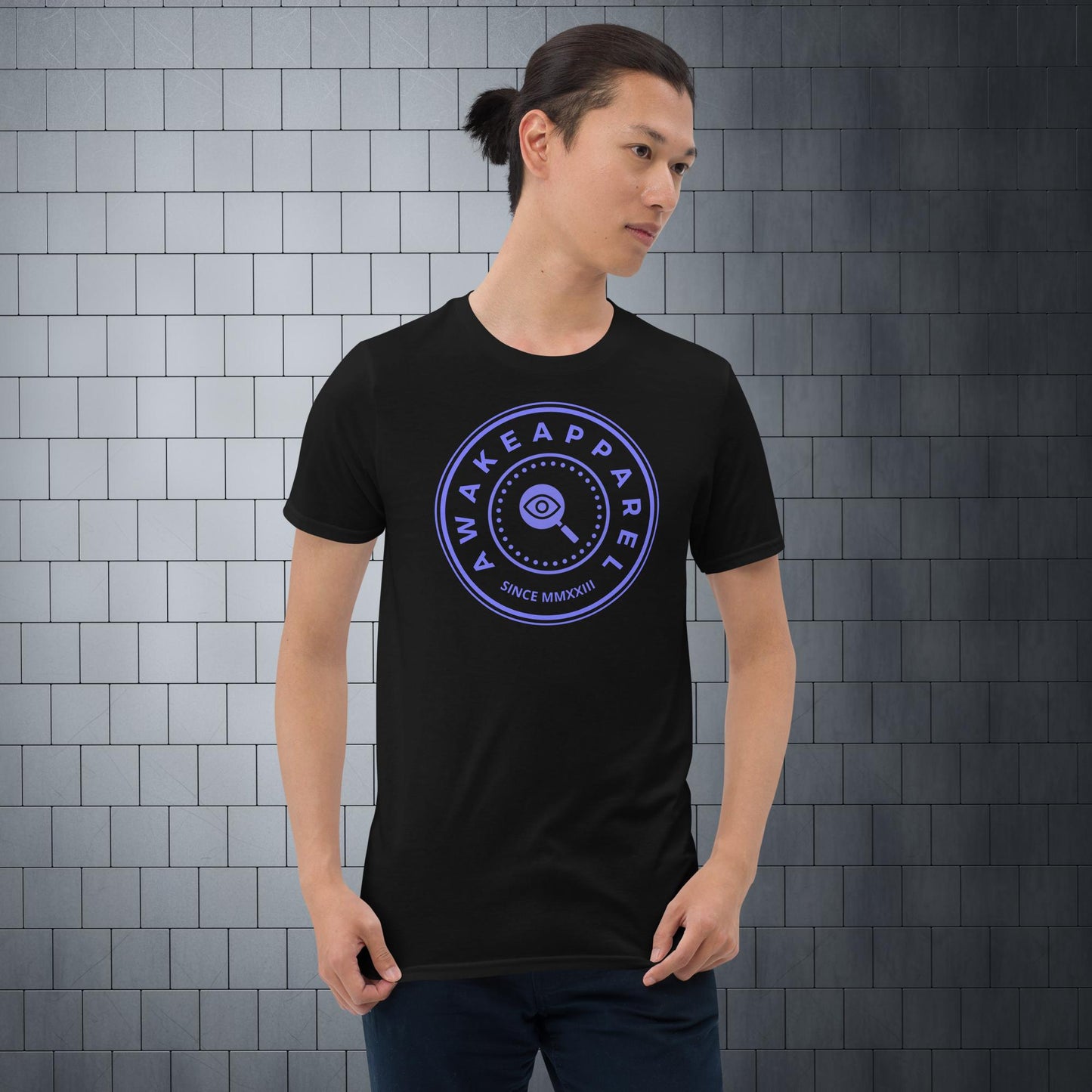 Front of Black Cornerstone Men's Essential Tee with Purple Crest 