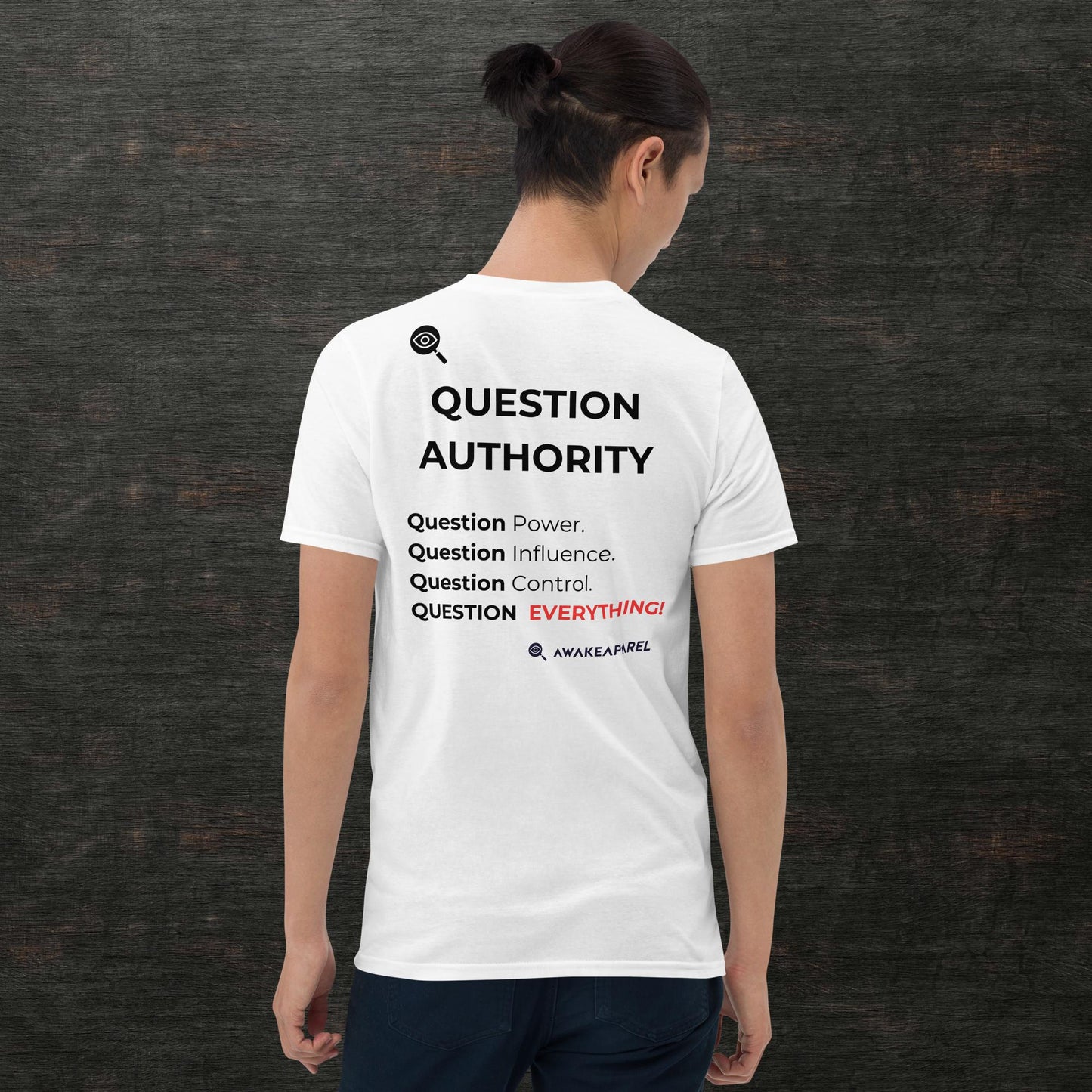 Back of White Cornerstone Essential T-shirt - 'Question Power. Question Influence. Question Control. QUESTION EVERYTHING.' with AwakeApparel Logo