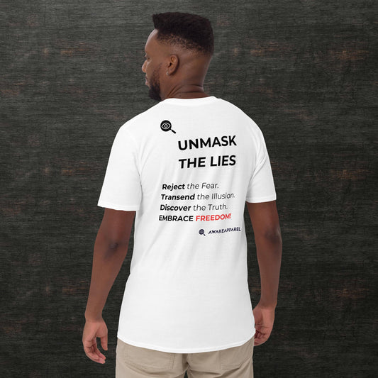 Back of White Cornerstone Essential T-shirt - 'Reject the Fear. Transcend the Illusion. Discover the Truth. EMBRACE FREEDOM!' with AwakeApparel Logo