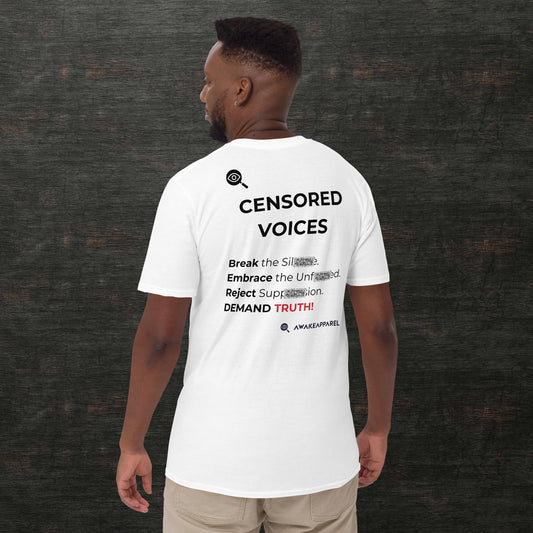 Back of White Cornerstone Essential T-shirt - 'Break the Silence. Embrace the Unfiltered. Reject Suppression. DEMAND TRUTH!' with AwakeApparel Logo