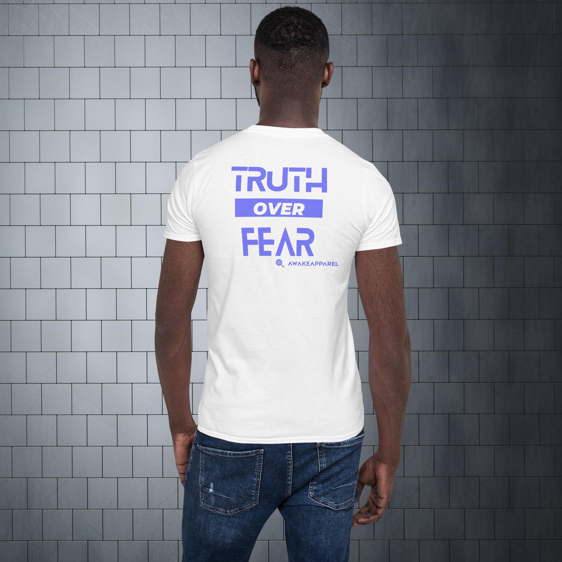 Back of White Cornerstone Men's Essential Tee - 'Truth over Fear' with AwakeApparel Logo 