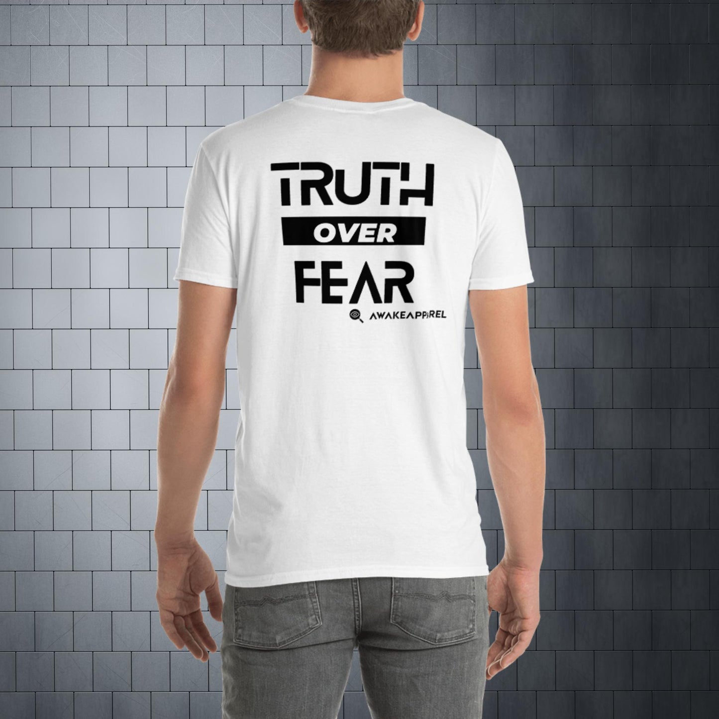 Back of White Cornerstone Men's Essential Tee - 'Truth over Fear' with AwakeApparel Logo 