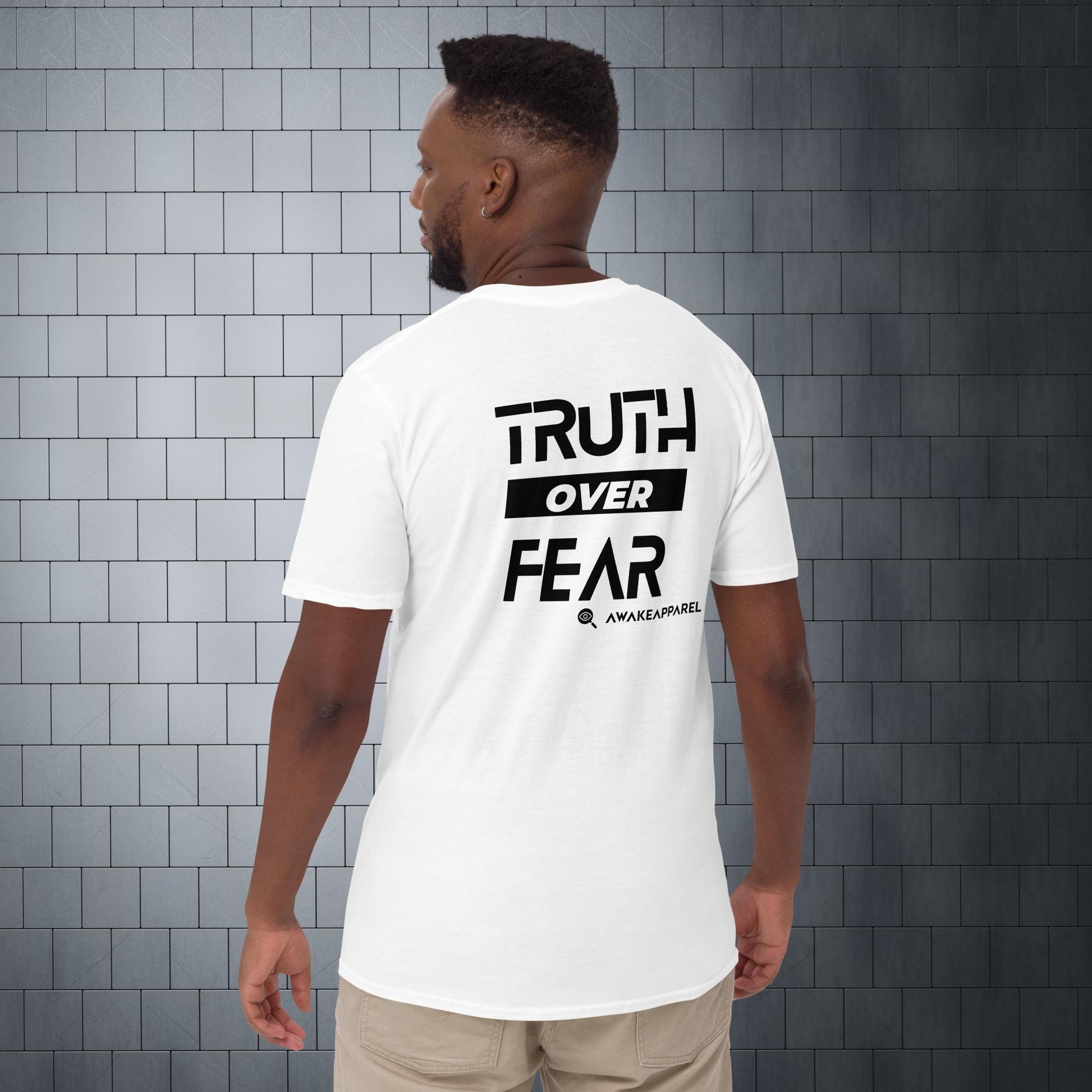 Back of White Cornerstone Men's Essential Tee - 'Truth over Fear' with AwakeApparel Logo 