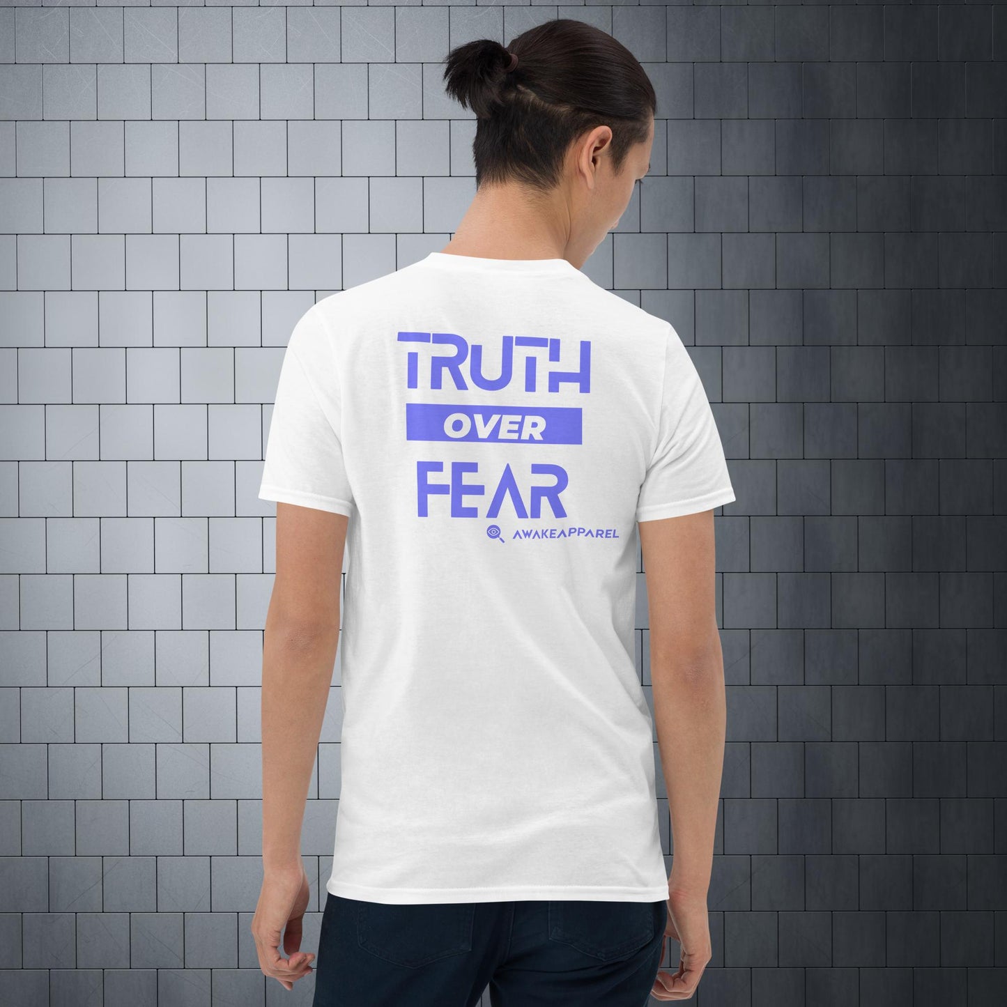 Back of White Cornerstone Men's Essential Tee - 'Truth over Fear' with AwakeApparel Logo 