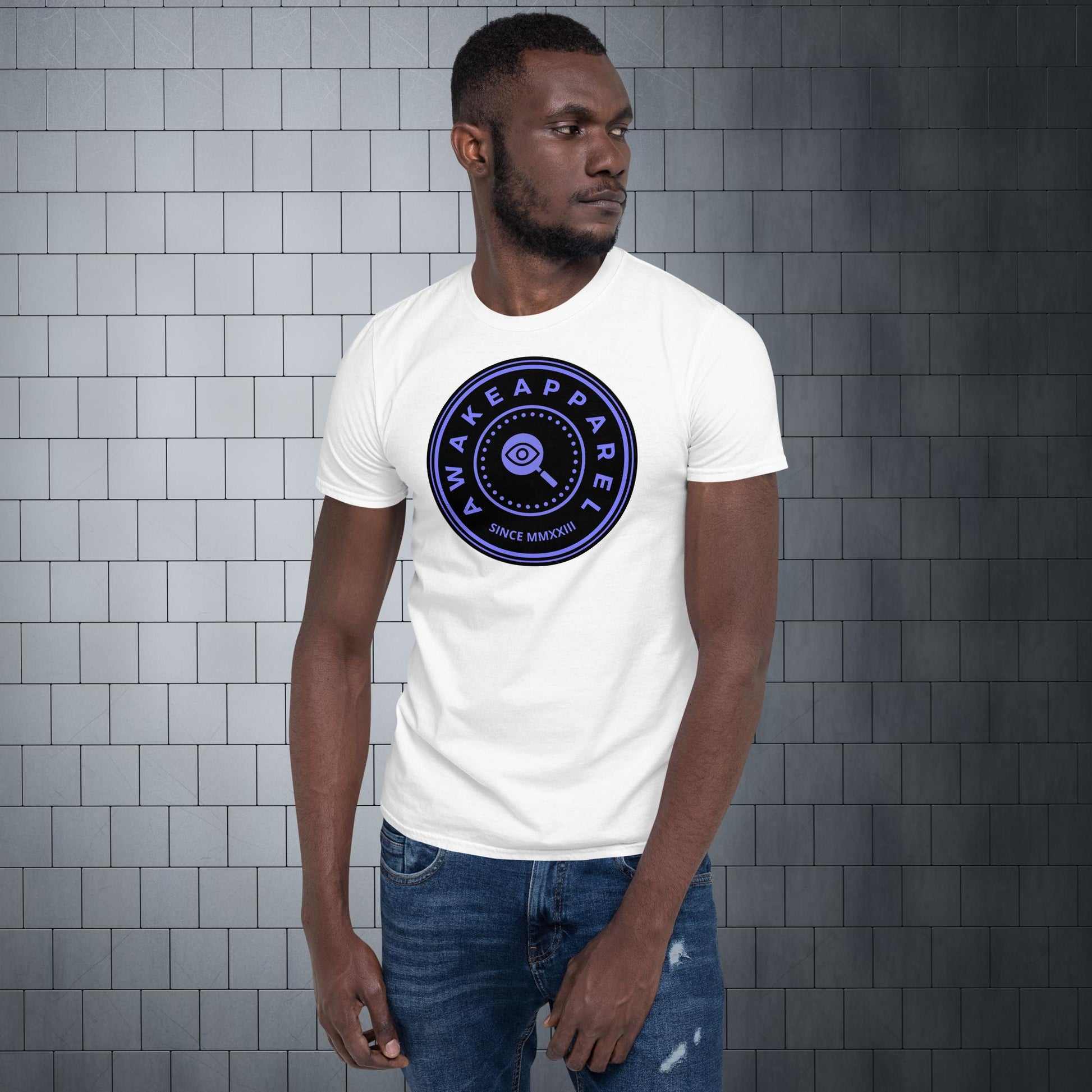 Front of White Cornerstone Men's Essential Tee with Purple Crest on Solid Black 