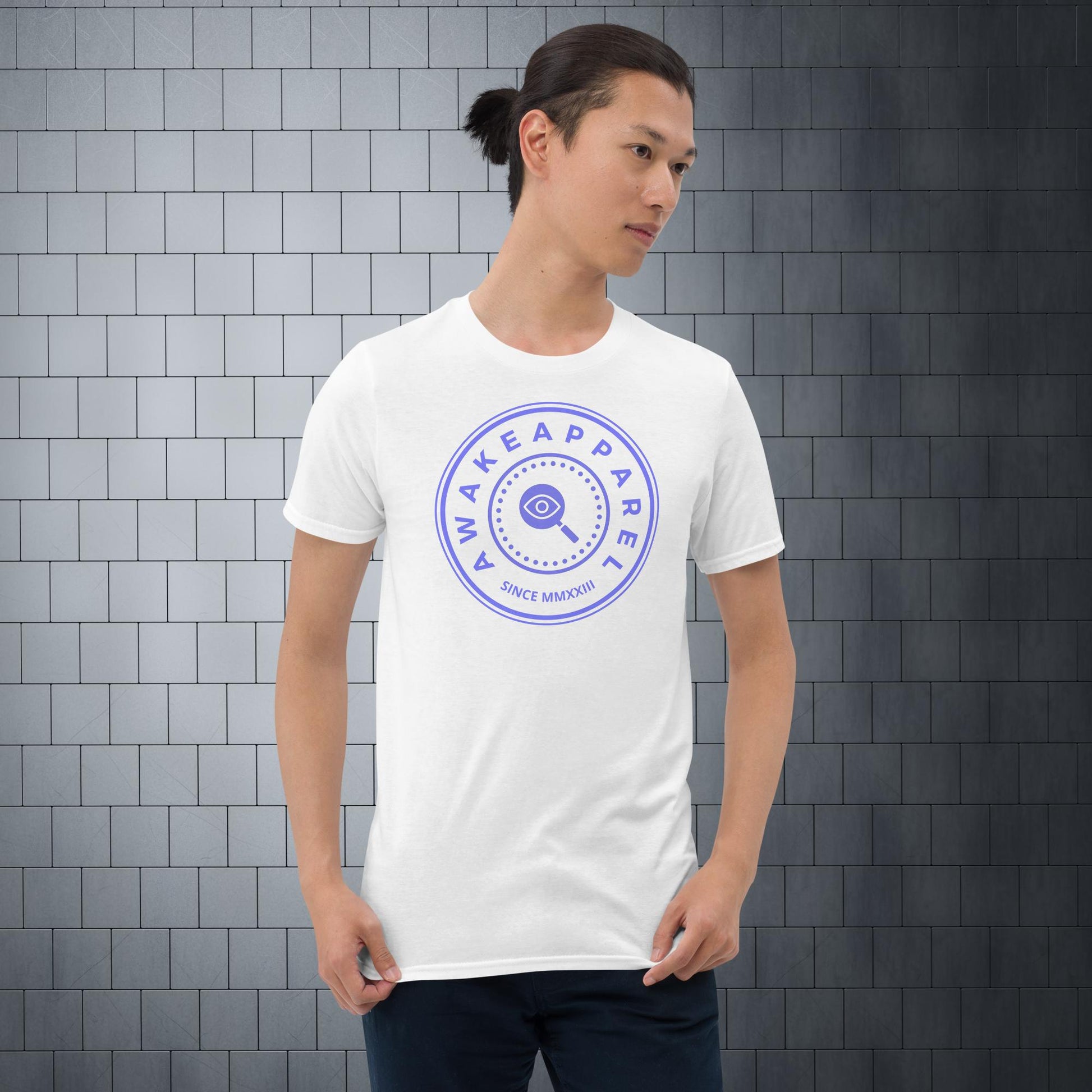 Front of White Cornerstone Men's Essential Tee with Purple Crest 