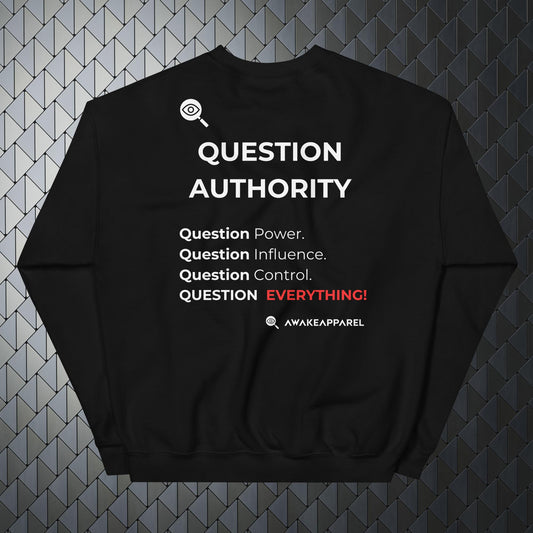 Back of Black Mindful Comfort Sweatshirt - 'Question Power. Question Influence. Question Control. QUESTION EVERYTHING.' with AwakeApparel Logo