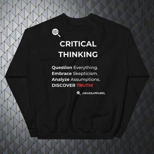 Back of Black Mindful Comfort Sweatshirt - 'Question Everything. Embrace Skepticism. Analyze Assumptions. DISCOVER TRUTH!' with AwakeApparel Logo