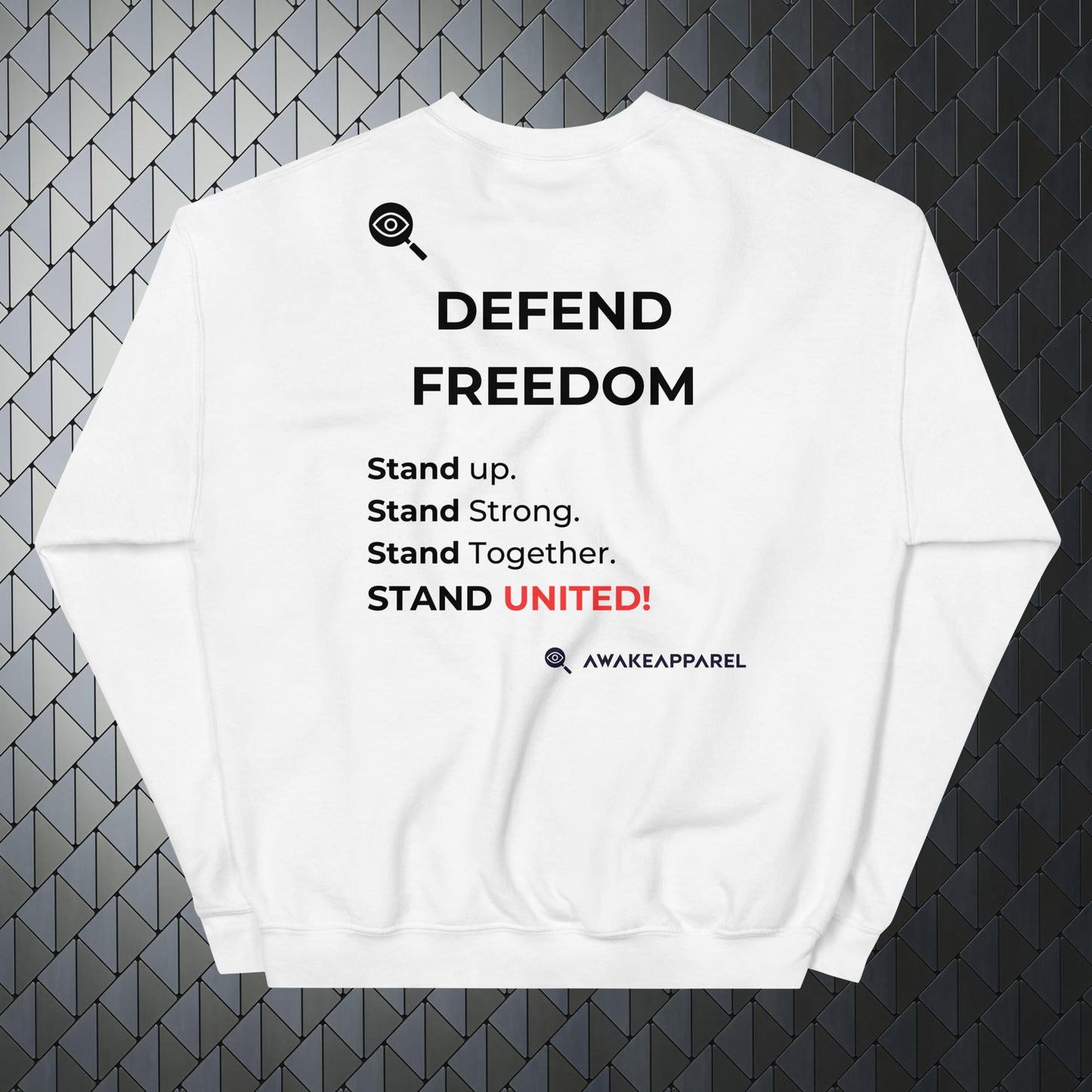 Back of White Mindful Comfort Sweatshirt - 'Stand Up. Stand Strong. Stand Together. Stand United.' with AwakeApparel Logo